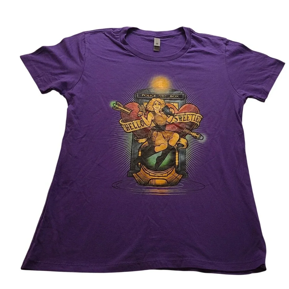 Doctor Who River Song Hello Sweetie Purple Graphic T-Shirt Women's Large Pinup - Picture 1 of 12